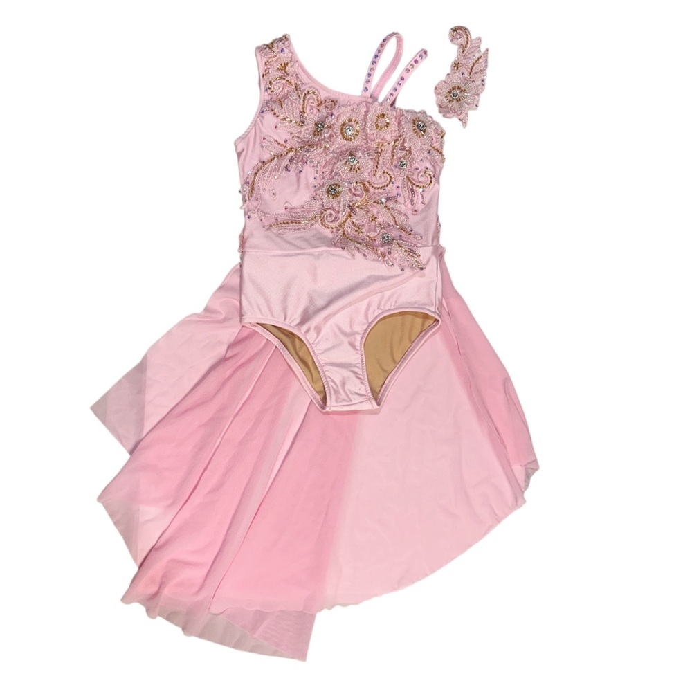 Glamour Dancewear | Pink Lyrical Dance Costume Dress with Floral Accent, Size SC